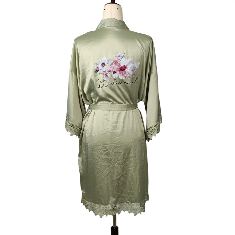 Dusty Sage Satin Lace Bridesmaid Robe Floral Wedding Getting Ready Robe
